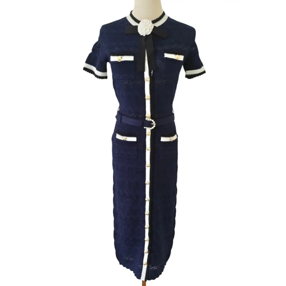 Self-Portrait Navy Pointelle Knit Midi Dress - Small - Dress