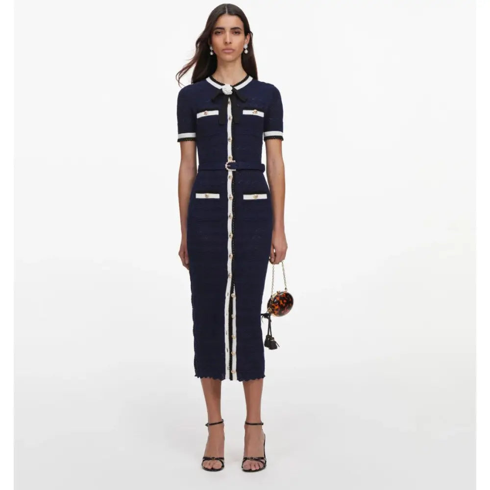 Self-Portrait Navy Pointelle Knit Midi Dress - Small - Dress