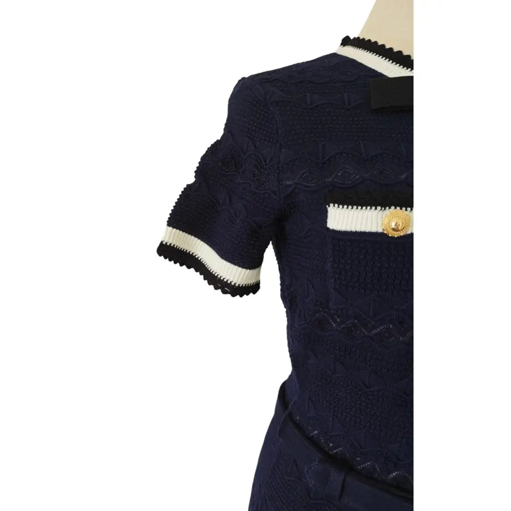 Self-Portrait Navy Pointelle Knit Midi Dress - Small - Dress