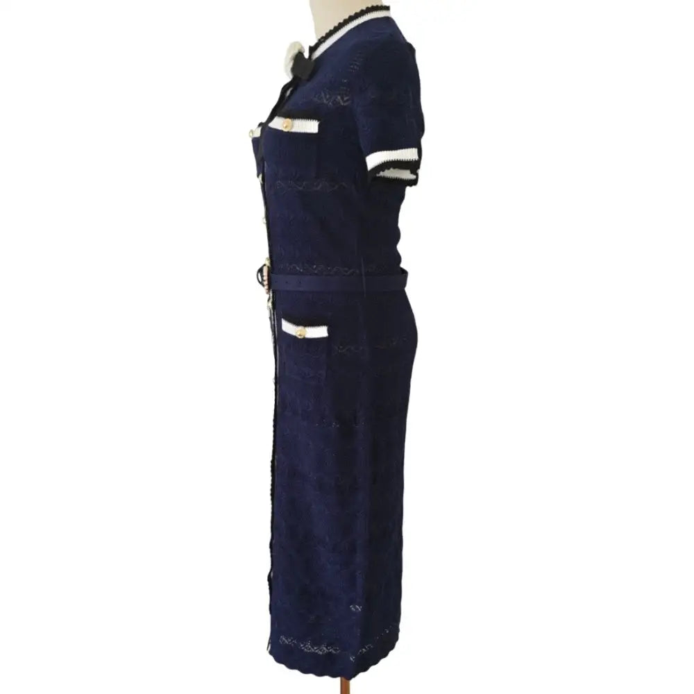 Self-Portrait Navy Pointelle Knit Midi Dress - Small - Dress