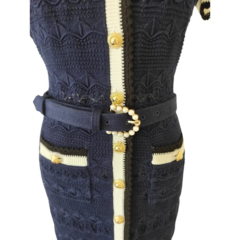 Self-Portrait Navy Pointelle Knit Midi Dress - Small - Dress