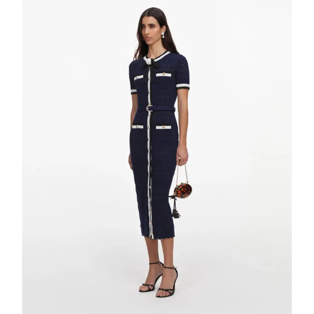 Self-Portrait Navy Pointelle Knit Midi Dress - Small - Dress