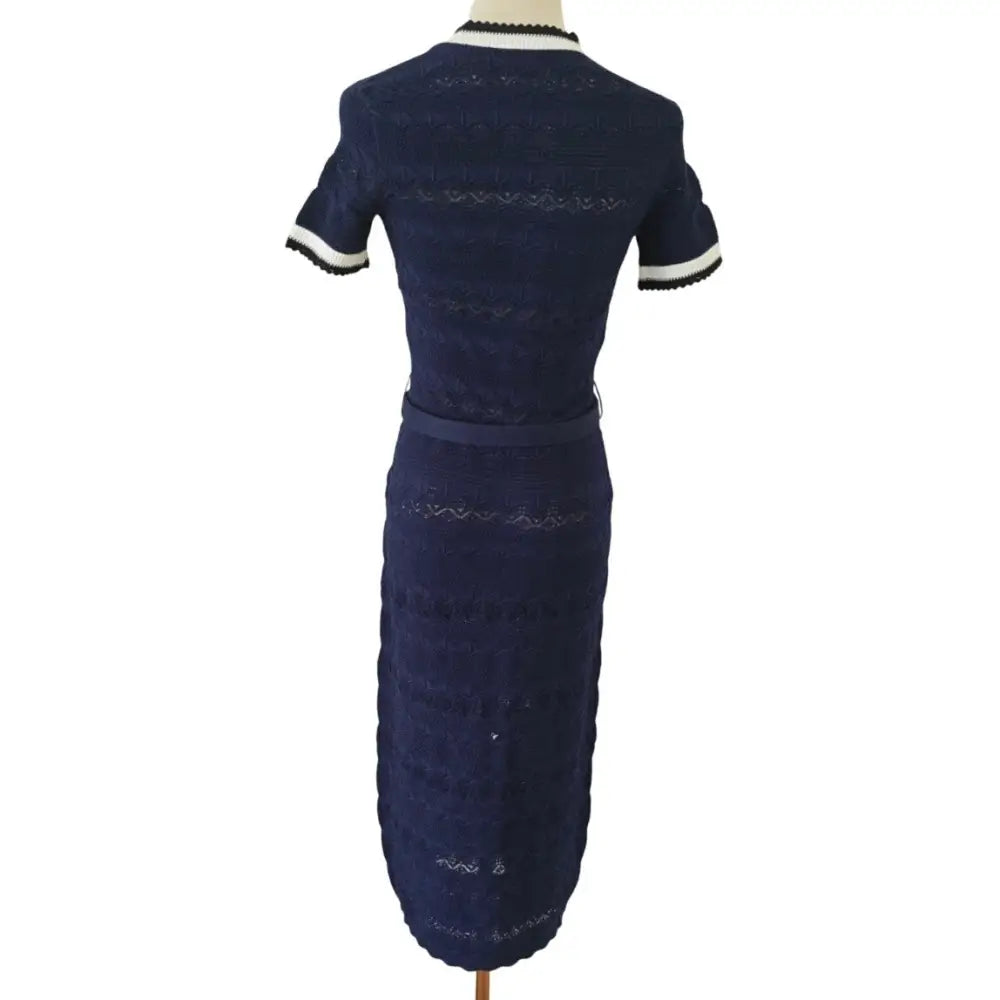 Self-Portrait Navy Pointelle Knit Midi Dress - Small - Dress