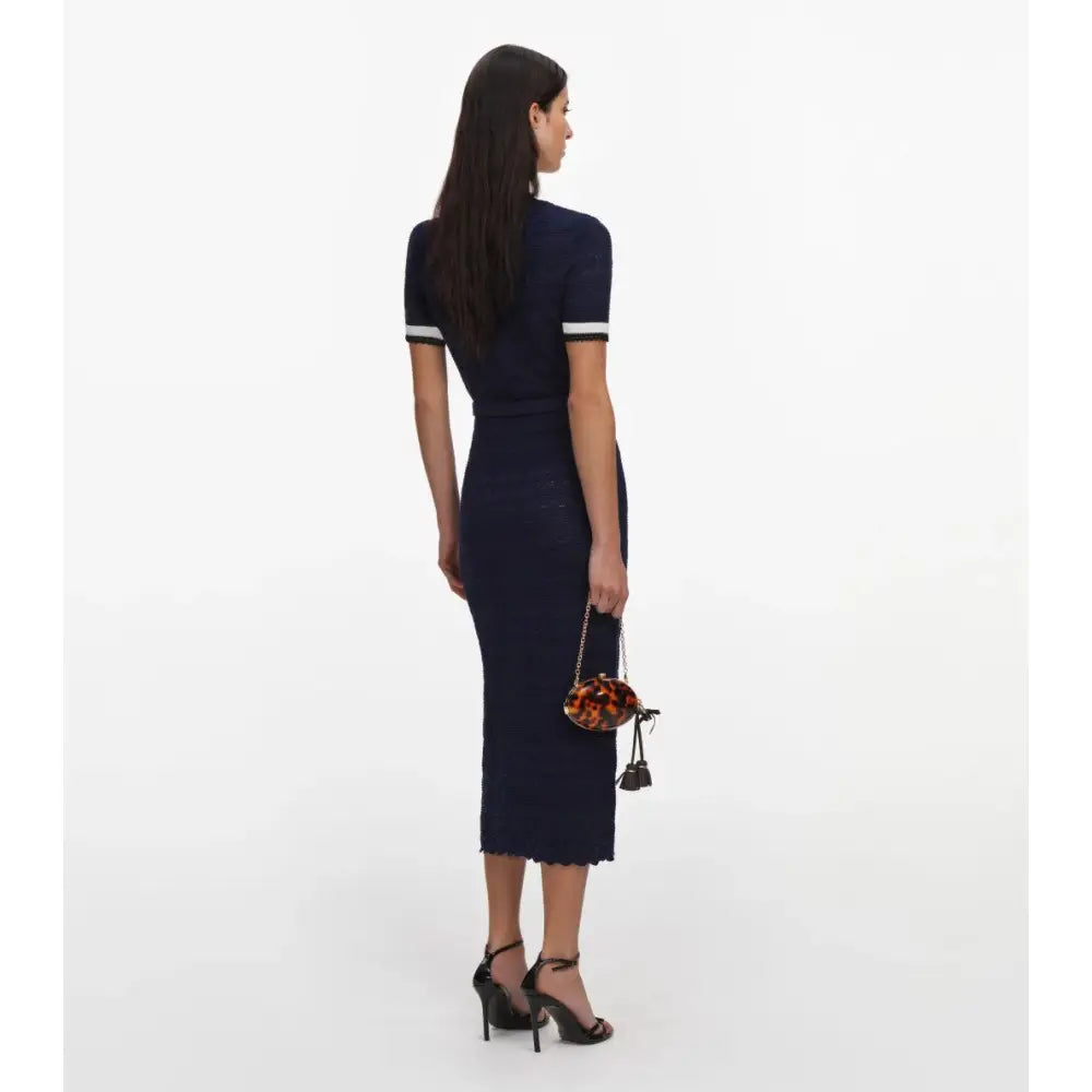 Self-Portrait Navy Pointelle Knit Midi Dress - Small - Dress