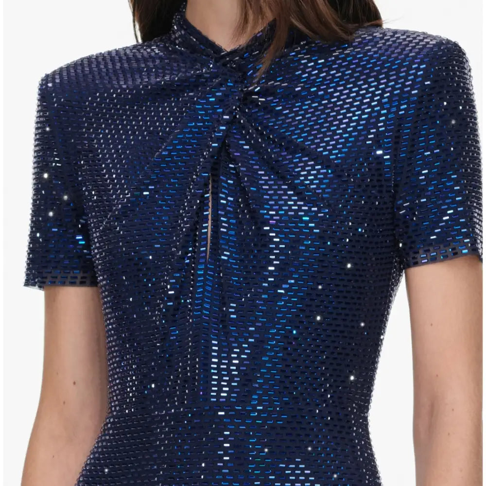 Self-Portrait Navy Rhinestone Mesh Twist Maxi Dress - Dress