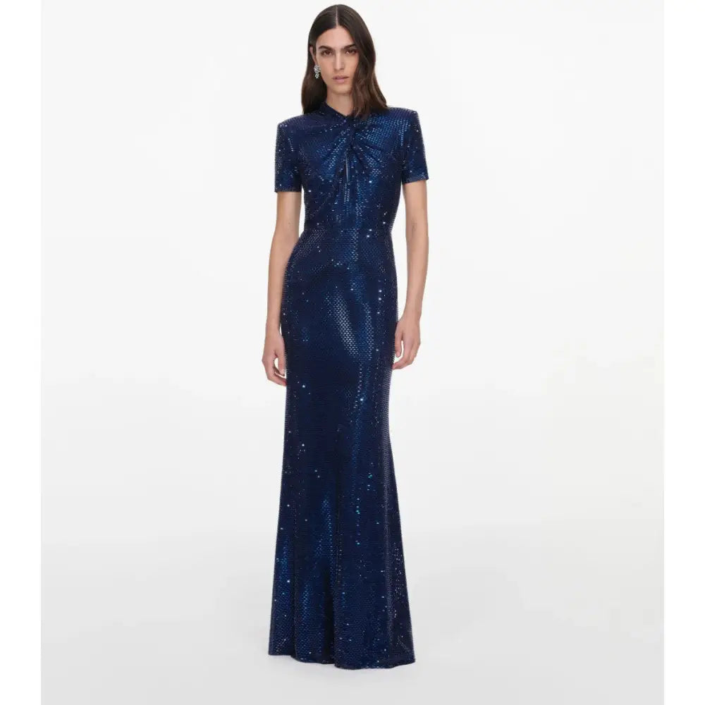 Self-Portrait Navy Rhinestone Mesh Twist Maxi Dress - Dress