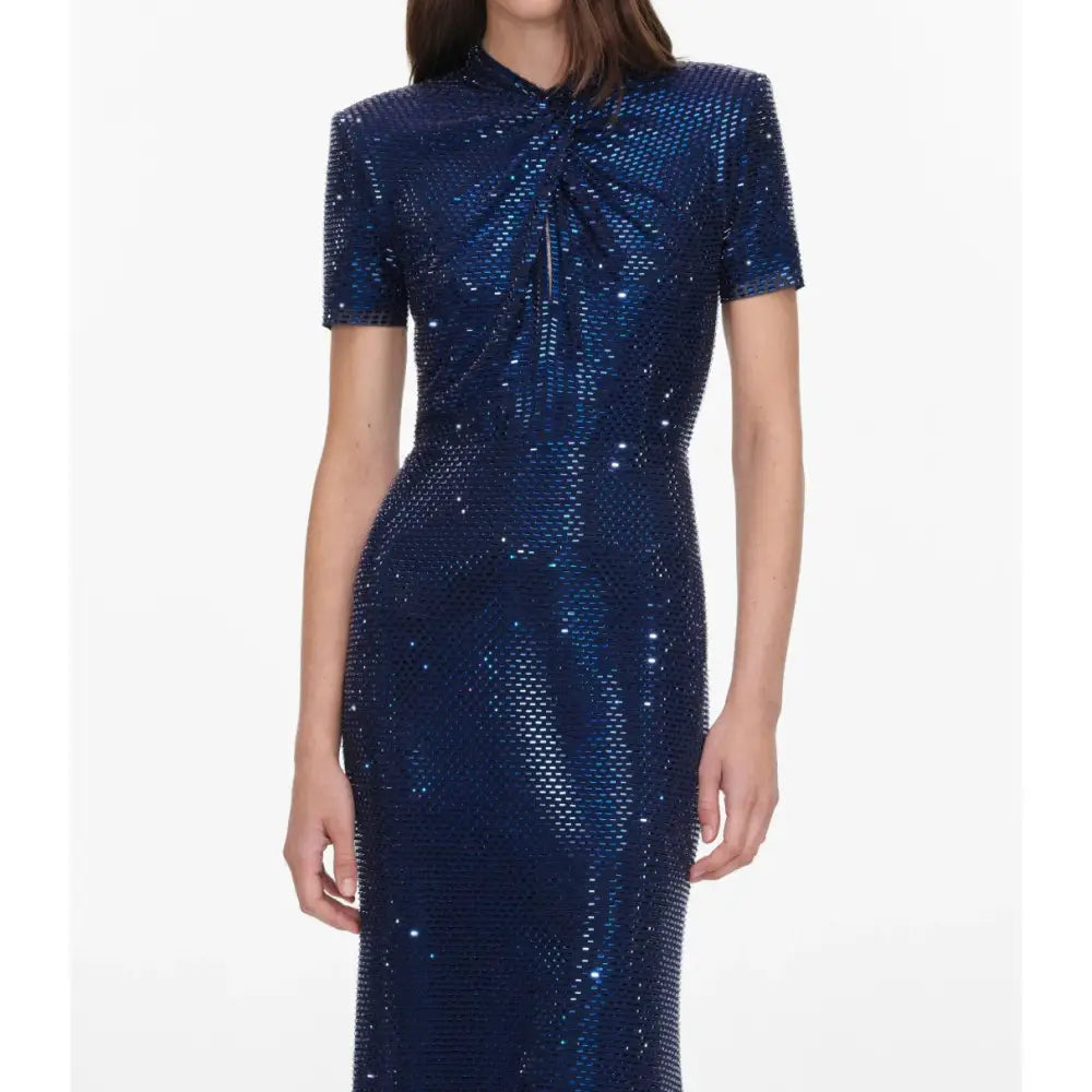 Self-Portrait Navy Rhinestone Mesh Twist Maxi Dress - Dress