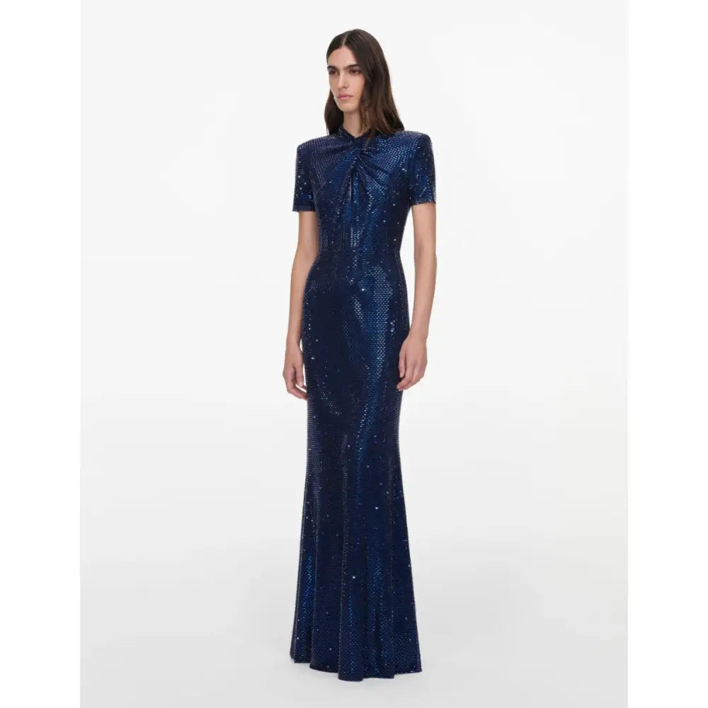 Self-Portrait Navy Rhinestone Mesh Twist Maxi Dress - Dress