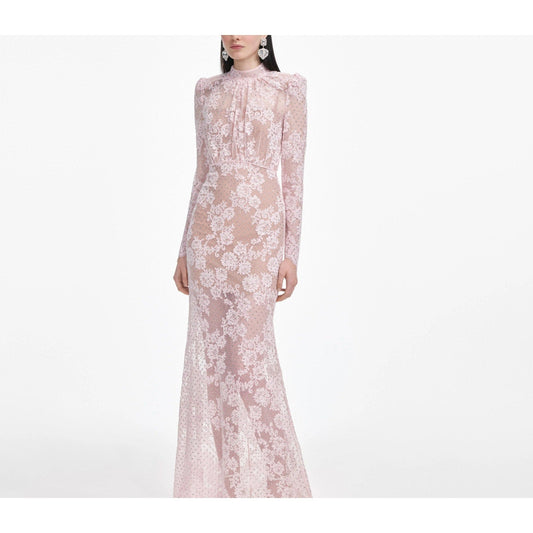 Self-Portrait Pale Pink Rhinestone Lace Maxi Dress