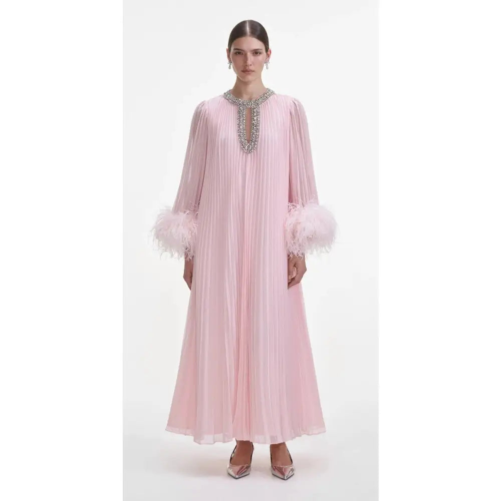 Self Portrait Pink Chiffon Feather Midi Dress - 6 - Dress