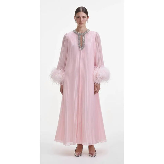 Self Portrait Pink Chiffon Feather Midi Dress - 6 - Dress
