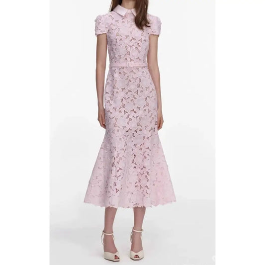 Self Portrait Pink Guipure Lace Midi Dress - Pink / 2 - Dress