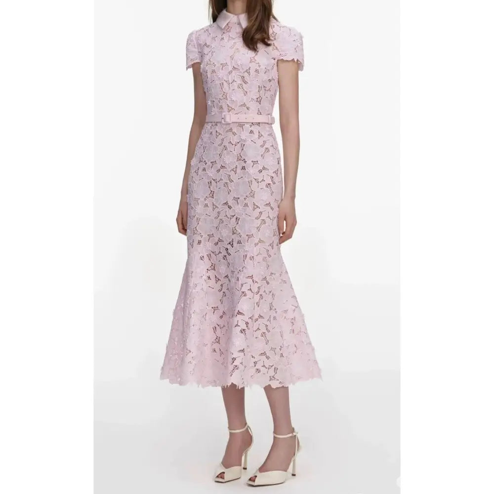Self Portrait Pink Guipure Lace Midi Dress - Dress