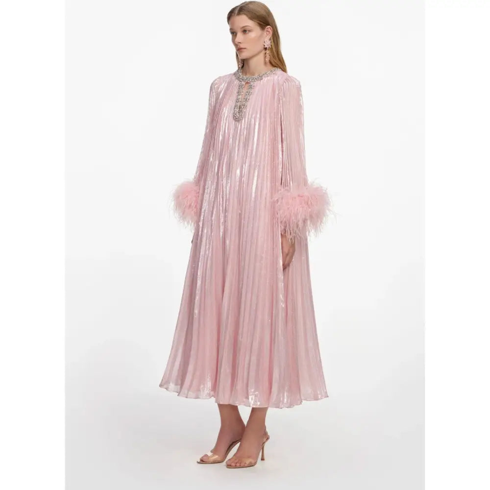 Self Portrait Pink Metallic Chiffon Feather Midi Dress - Dress
