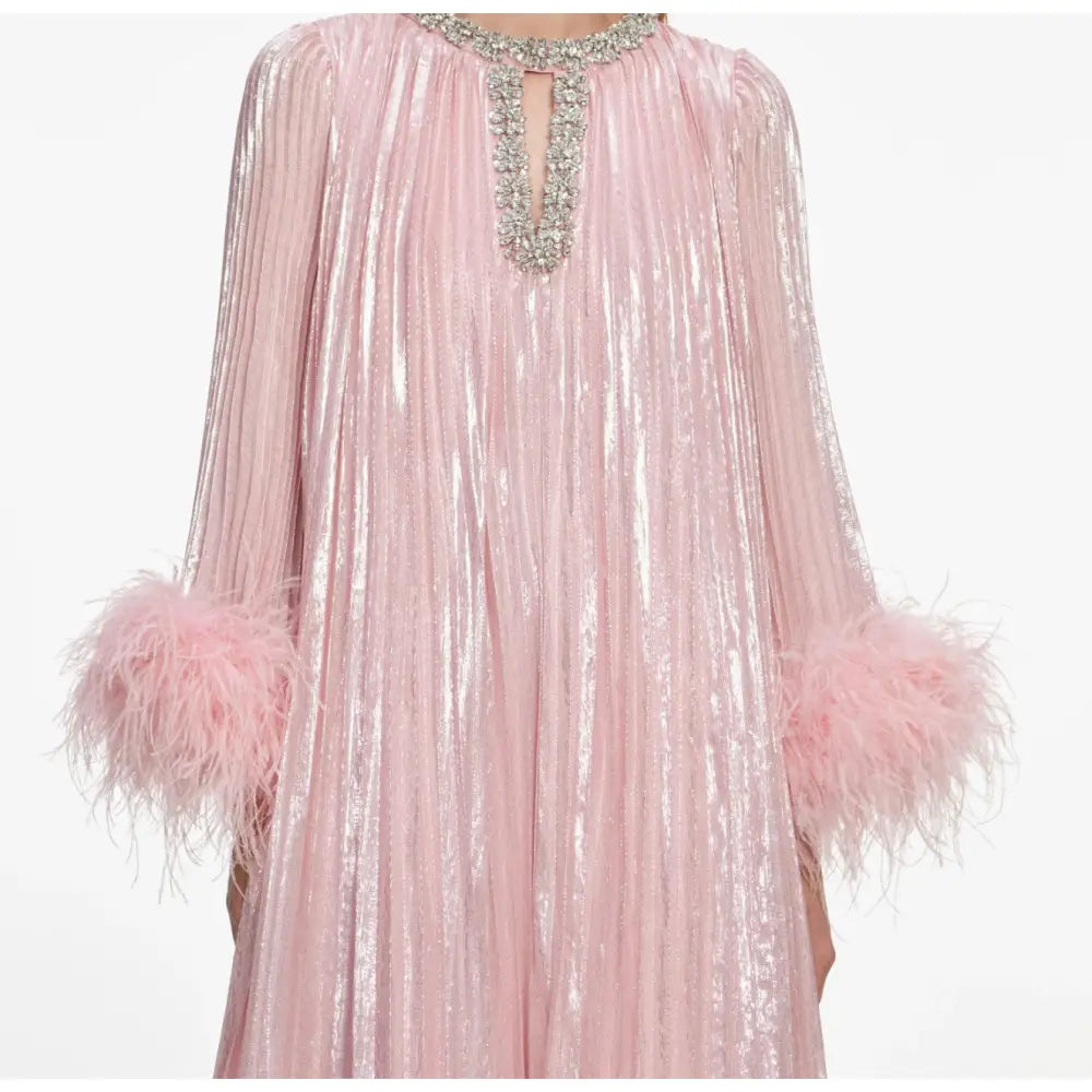 Self Portrait Pink Metallic Chiffon Feather Midi Dress - Dress