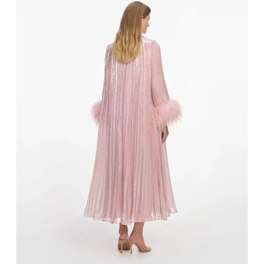Self Portrait Pink Metallic Chiffon Feather Midi Dress - Dress