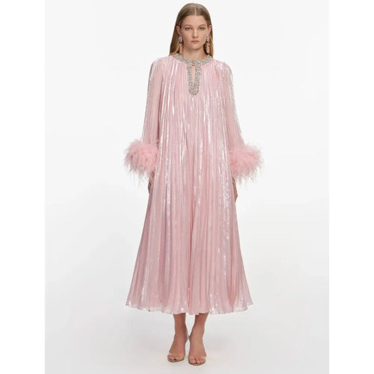 Self Portrait Pink Metallic Chiffon Feather Midi Dress - Dress
