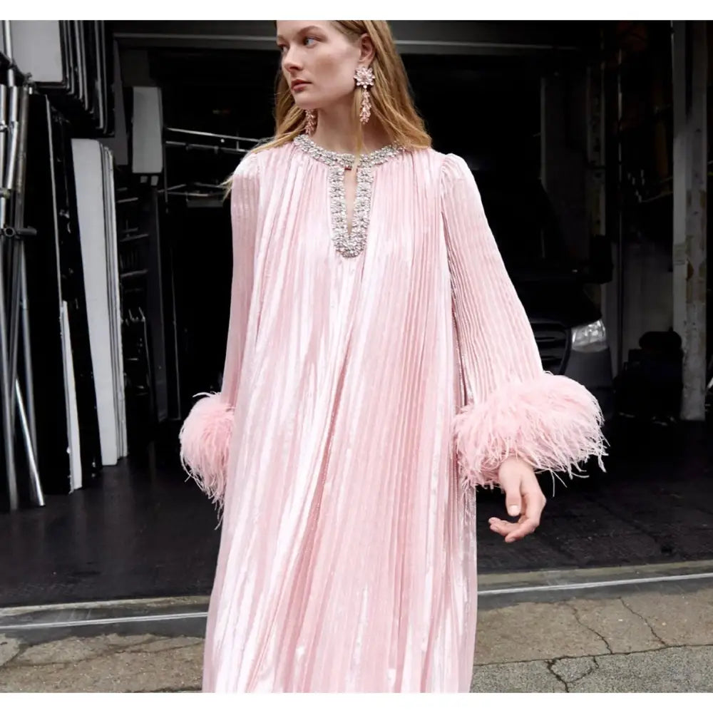 Self Portrait Pink Metallic Chiffon Feather Midi Dress - Dress