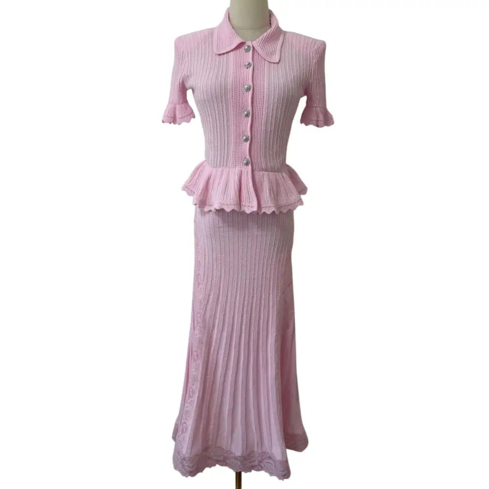 Self Portrait Pink Pointelle Peplum Knit Midi Dress - Dress