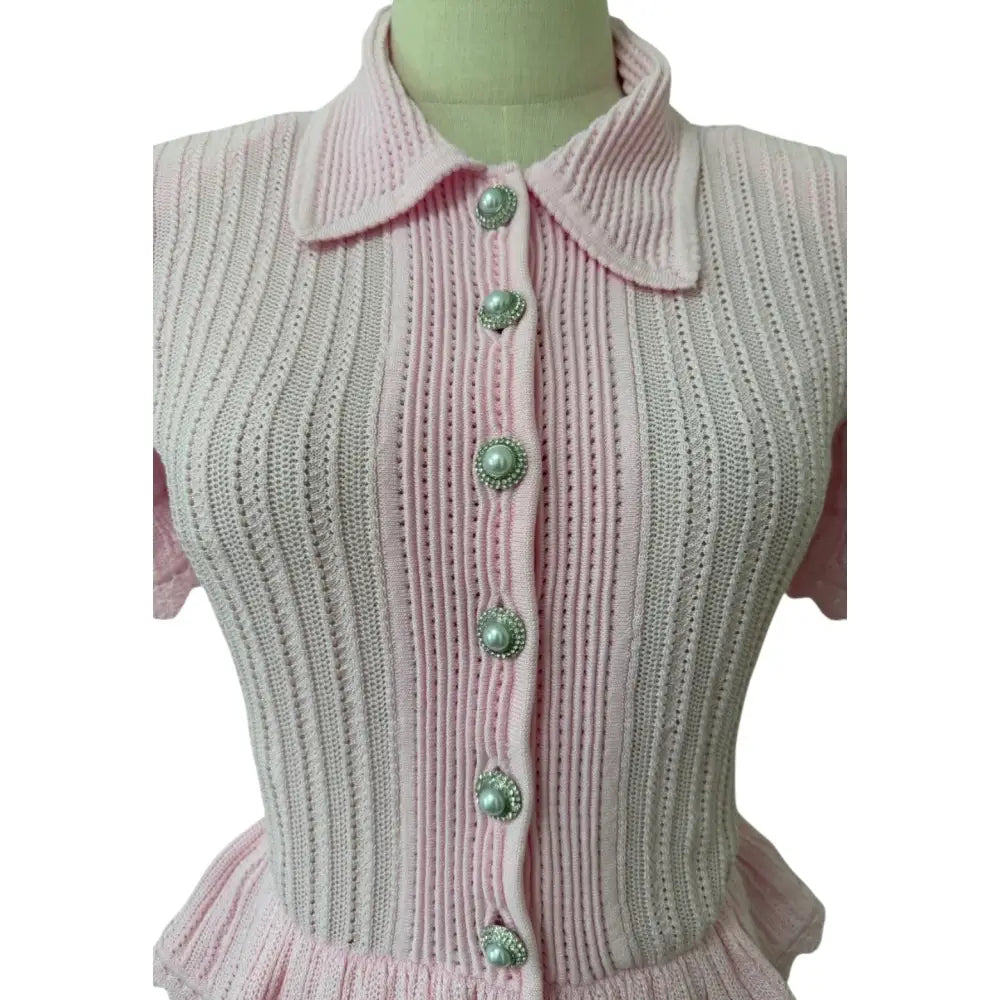 Self Portrait Pink Pointelle Peplum Knit Midi Dress - Dress
