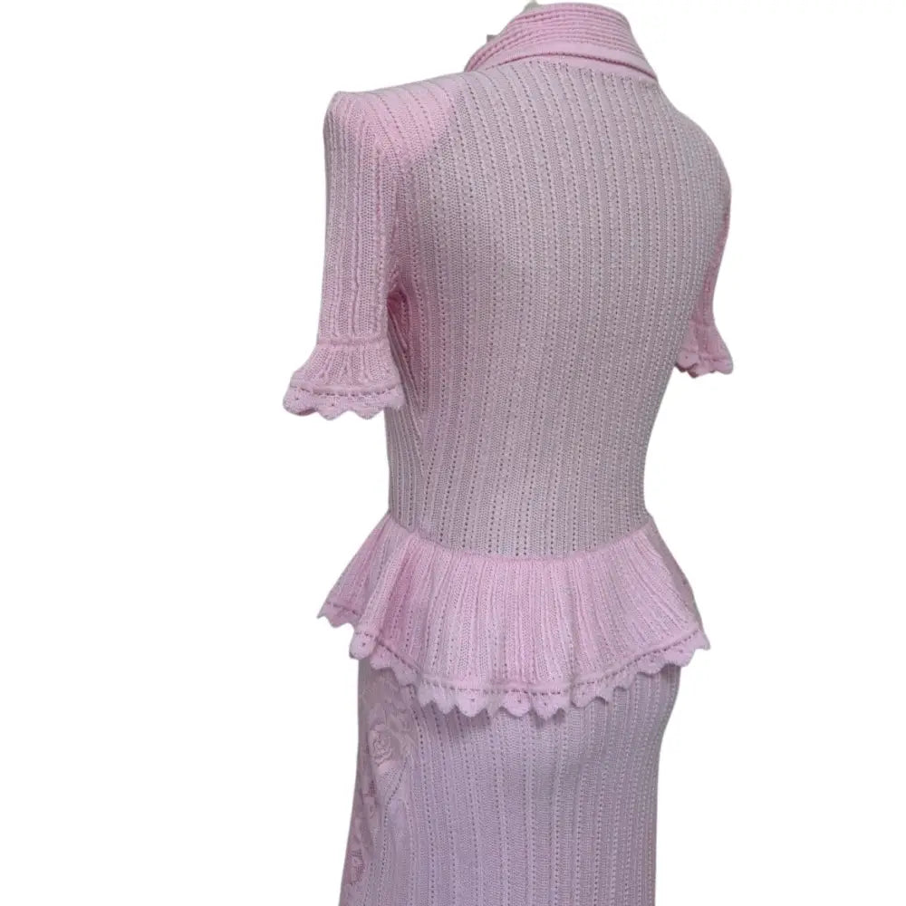 Self Portrait Pink Pointelle Peplum Knit Midi Dress - Dress