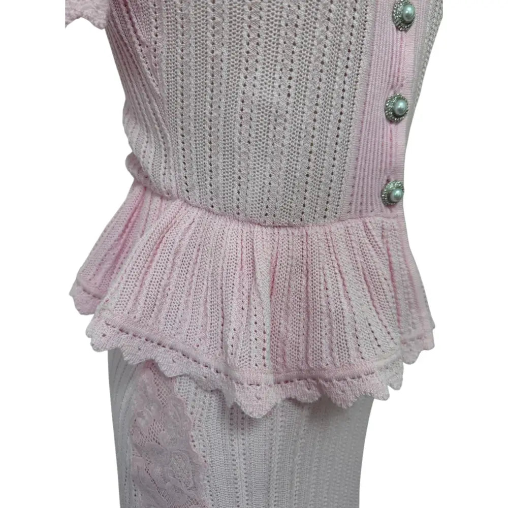 Self Portrait Pink Pointelle Peplum Knit Midi Dress - Dress
