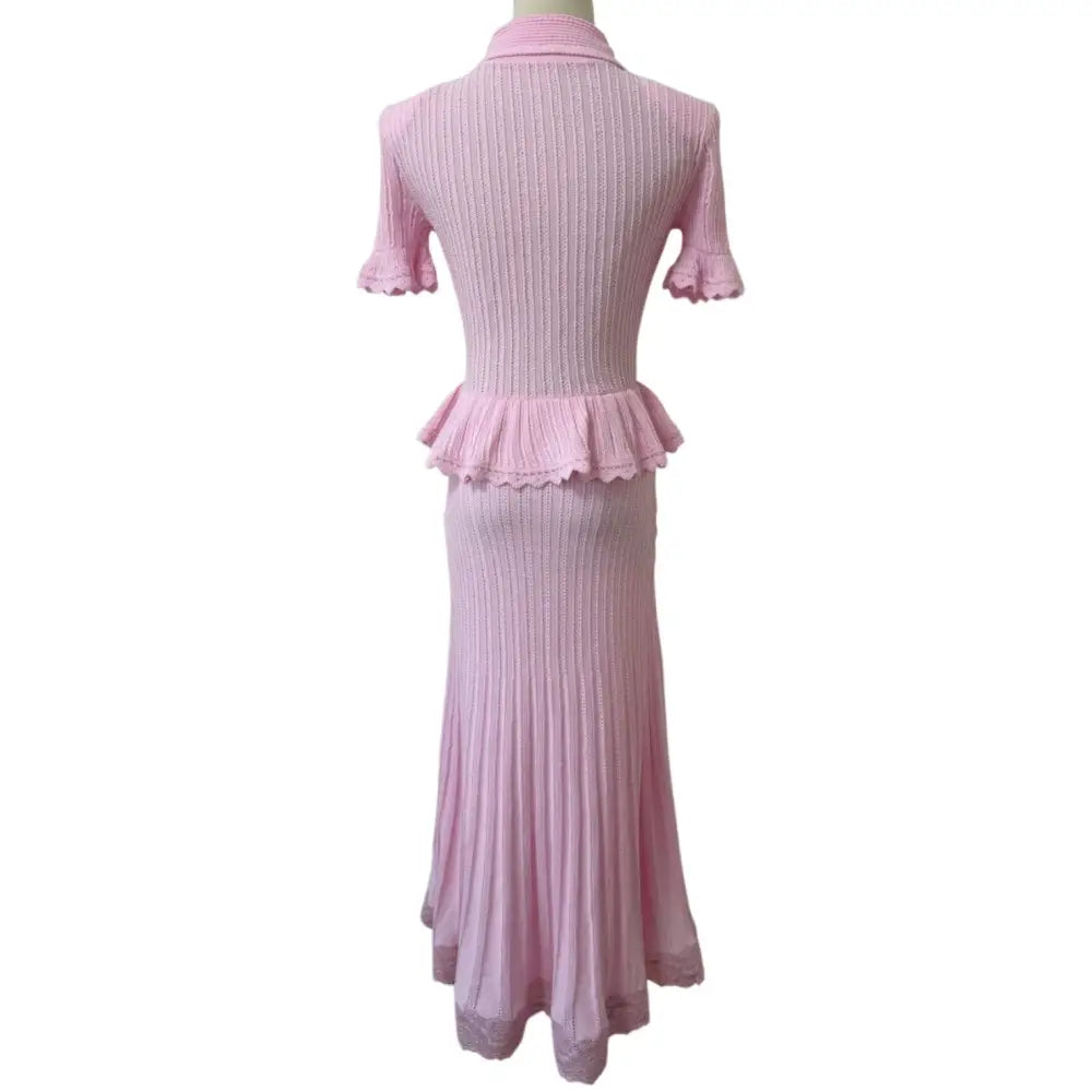 Self Portrait Pink Pointelle Peplum Knit Midi Dress - Dress