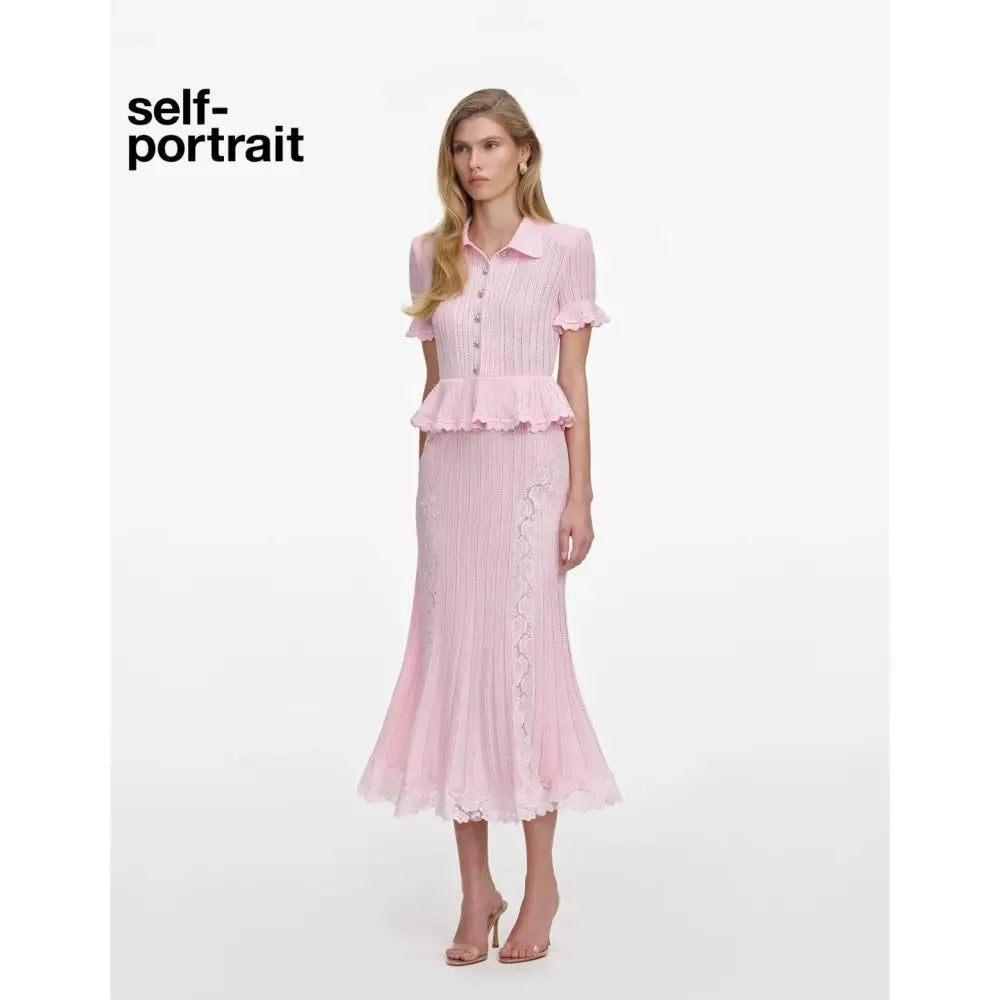 Self Portrait Pink Pointelle Peplum Knit Midi Dress - Dress