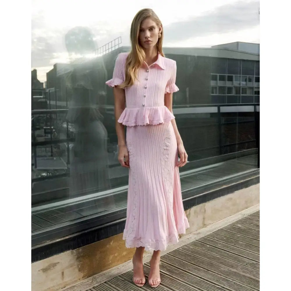 Self Portrait Pink Pointelle Peplum Knit Midi Dress - Dress