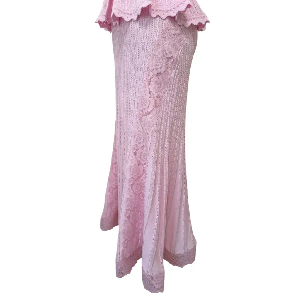 Self Portrait Pink Pointelle Peplum Knit Midi Dress - Dress