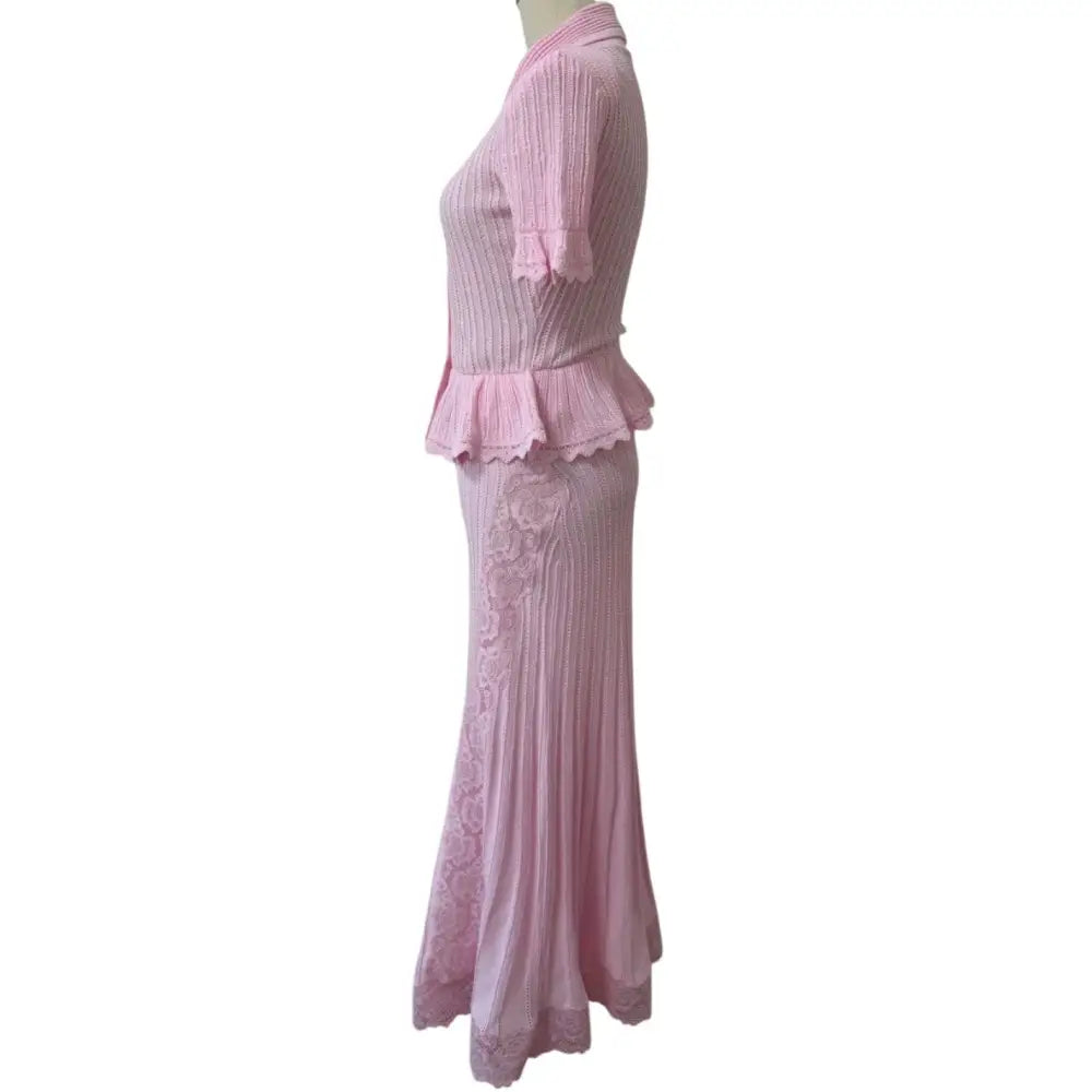 Self Portrait Pink Pointelle Peplum Knit Midi Dress - Dress