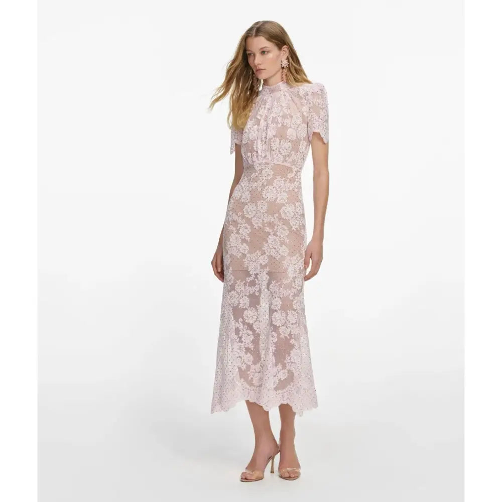 Self-Portrait Pink Rhinestone Lace Midi Dress - Dress
