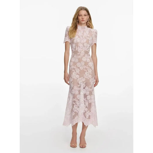 Self-Portrait Pink Rhinestone Lace Midi Dress - 4 - Dress