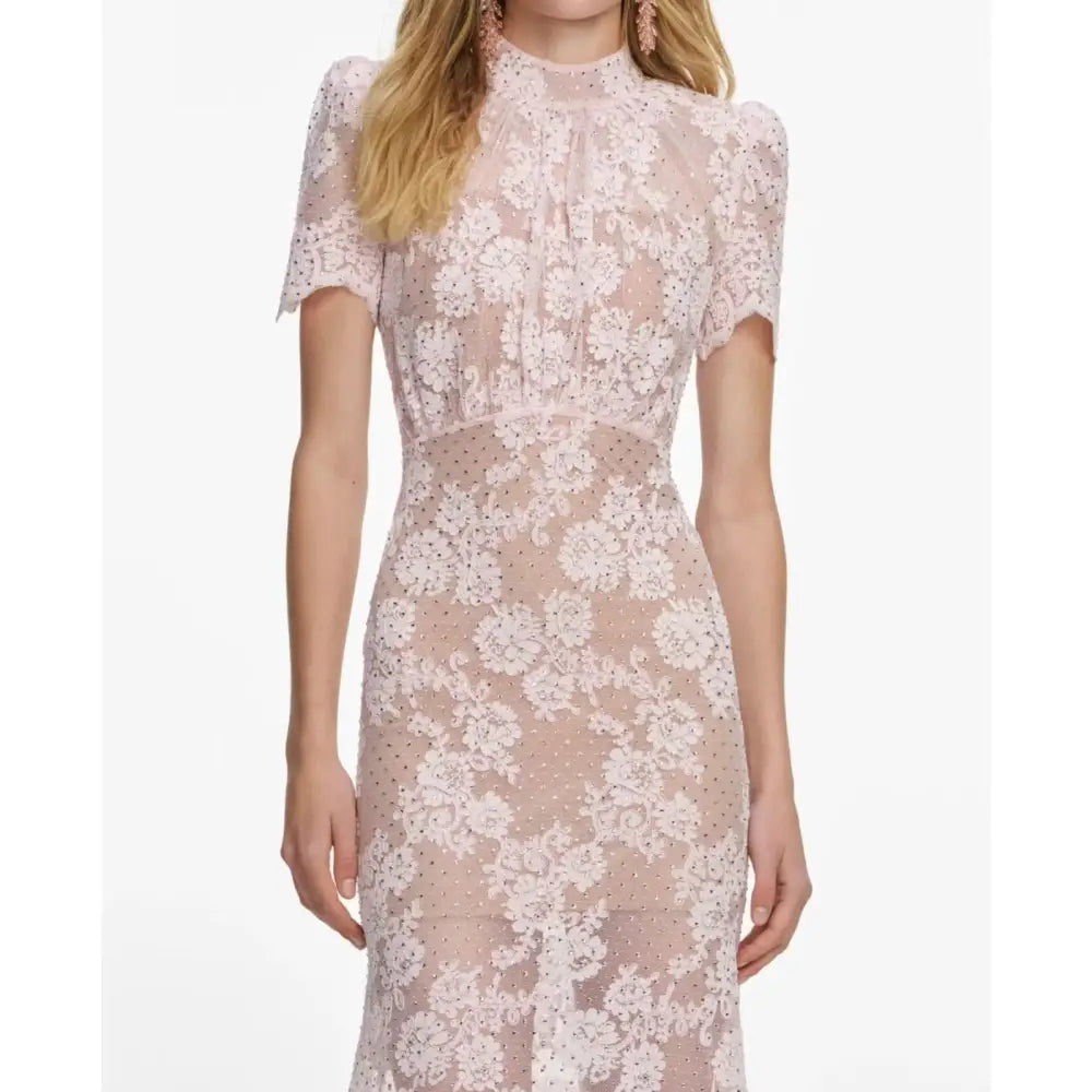 Self-Portrait Pink Rhinestone Lace Midi Dress - Dress