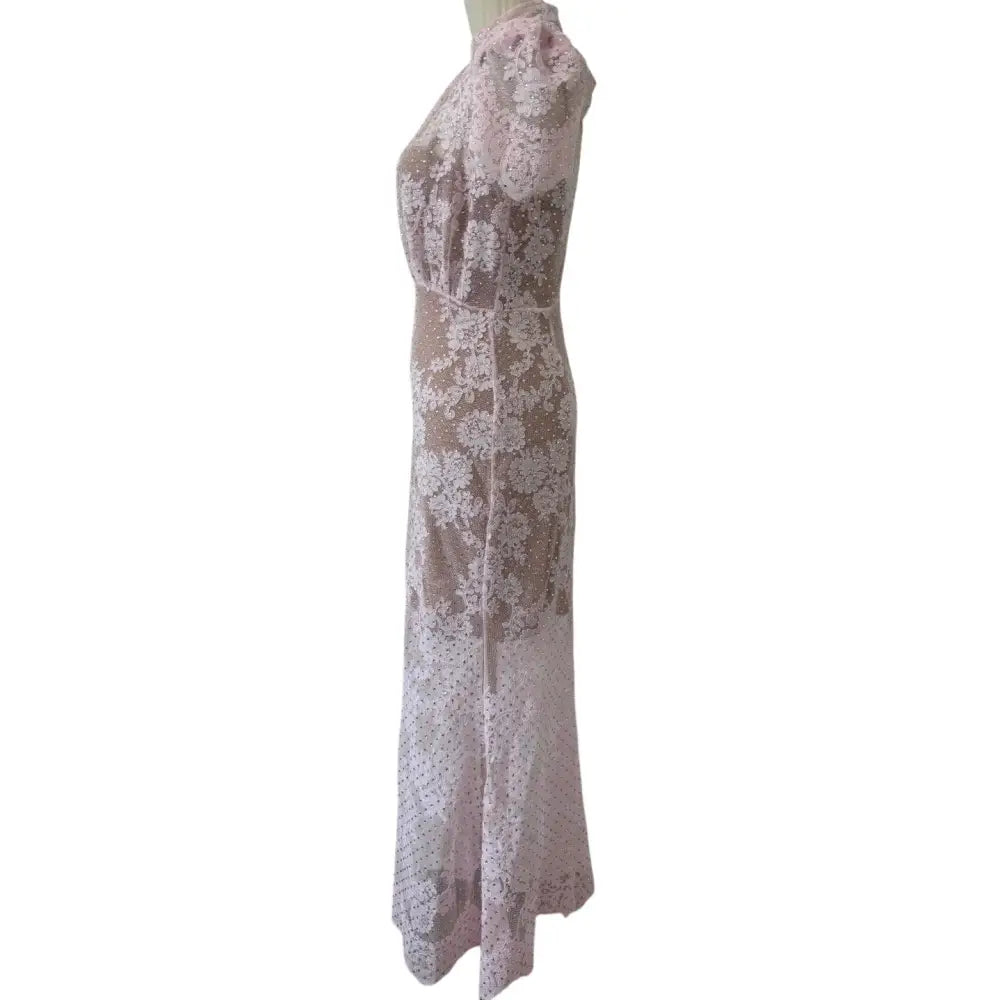 Self-Portrait Pink Rhinestone Lace Midi Dress - Dress