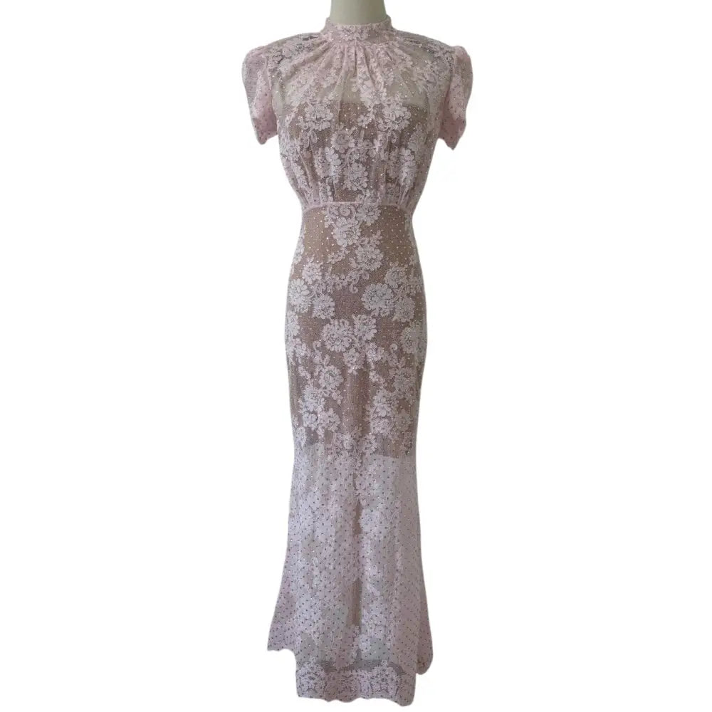 Self-Portrait Pink Rhinestone Lace Midi Dress - Dress