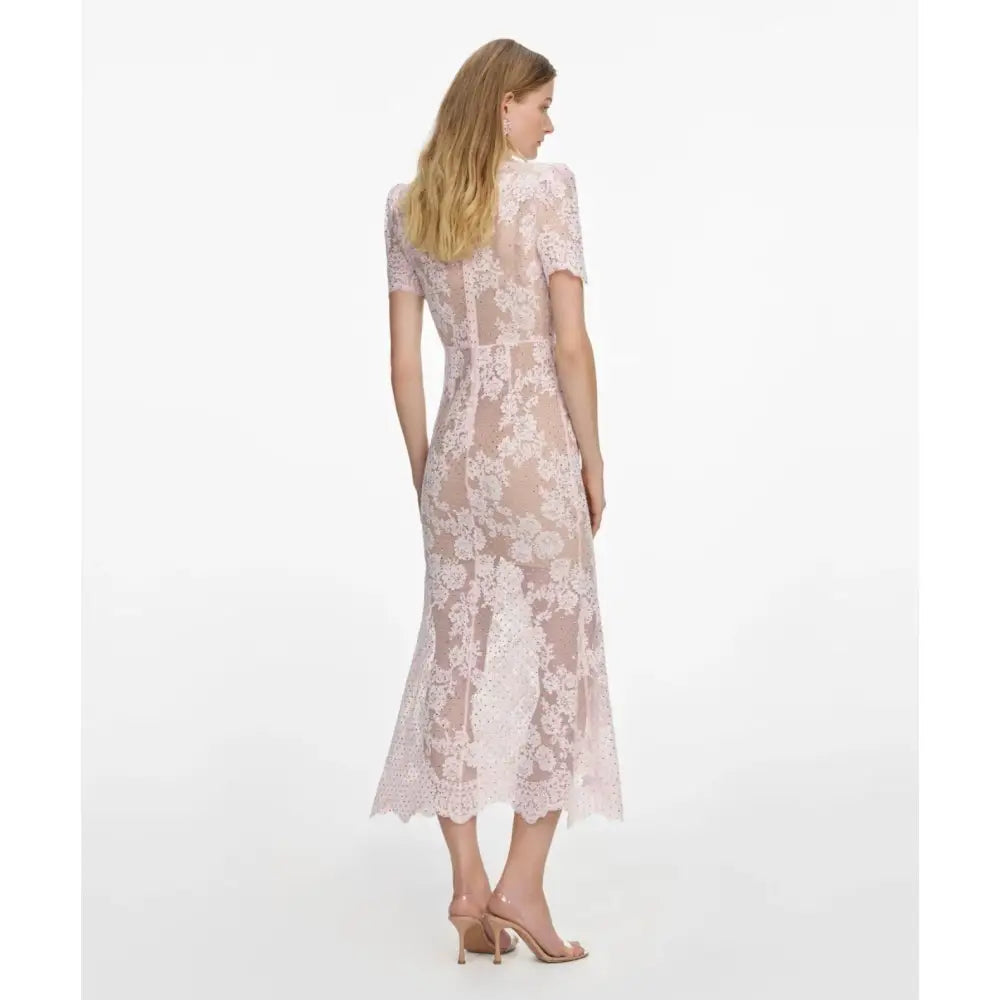 Self-Portrait Pink Rhinestone Lace Midi Dress - Dress