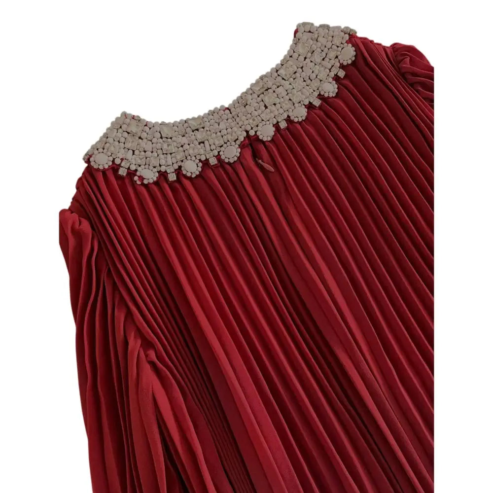 Self Portrait Red Embellished Feather-Trimmed Chiffon Maxi Dress