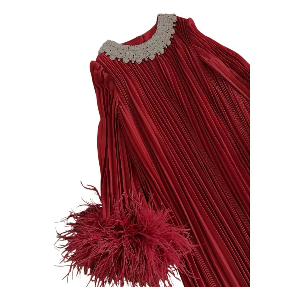 Self Portrait Red Embellished Feather-Trimmed Chiffon Maxi Dress