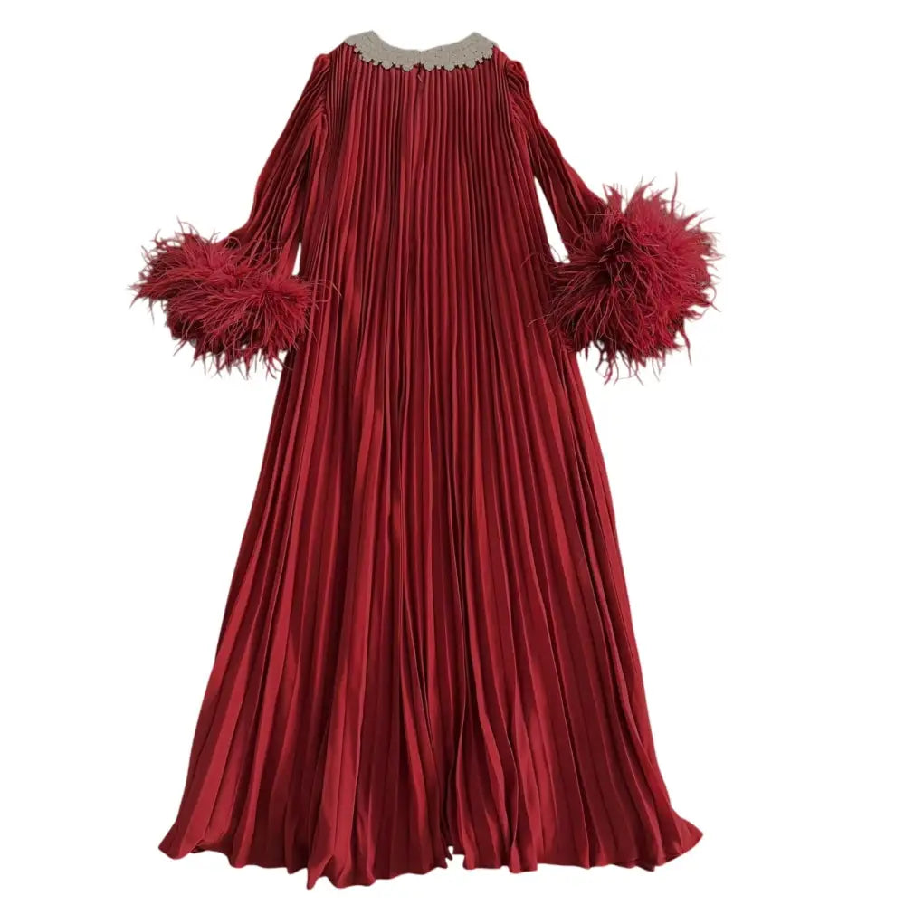 Self Portrait Red Embellished Feather-Trimmed Chiffon Maxi Dress