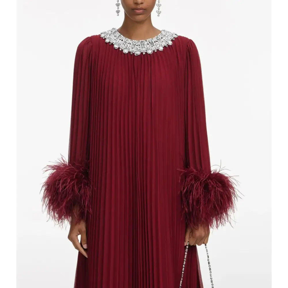 Self Portrait Red Embellished Feather-Trimmed Chiffon Maxi Dress