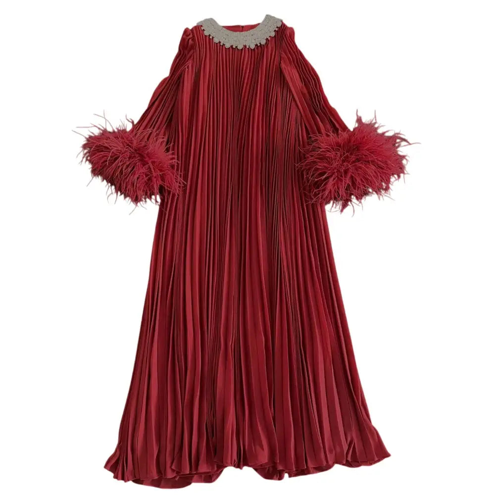 Self Portrait Red Embellished Feather-Trimmed Chiffon Maxi Dress