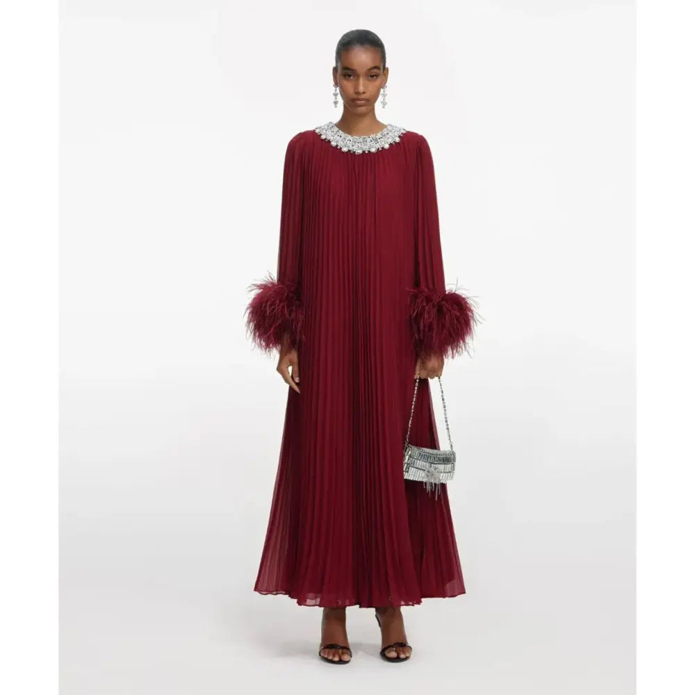 Self Portrait Red Embellished Feather-Trimmed Chiffon Maxi Dress