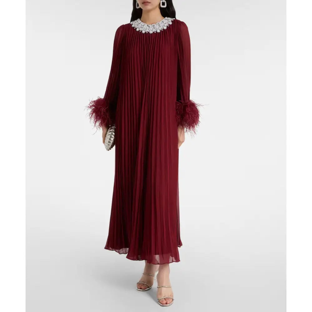 Self Portrait Red Embellished Feather-Trimmed Chiffon Maxi Dress