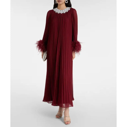 Self Portrait Red Embellished Feather-Trimmed Chiffon Maxi Dress