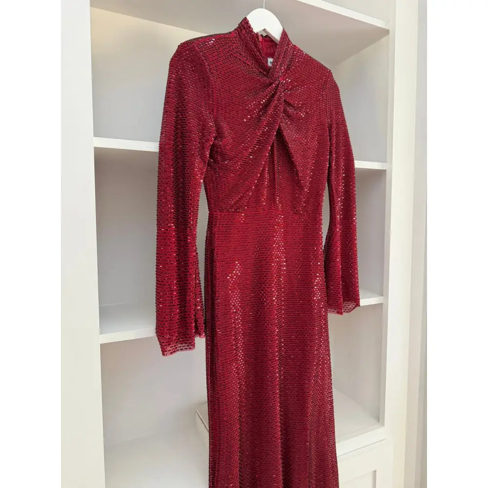 Self-Portrait Red Rhinestone Mesh Twist Midi Dress