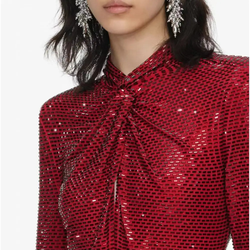 Self-Portrait Red Rhinestone Mesh Twist Midi Dress