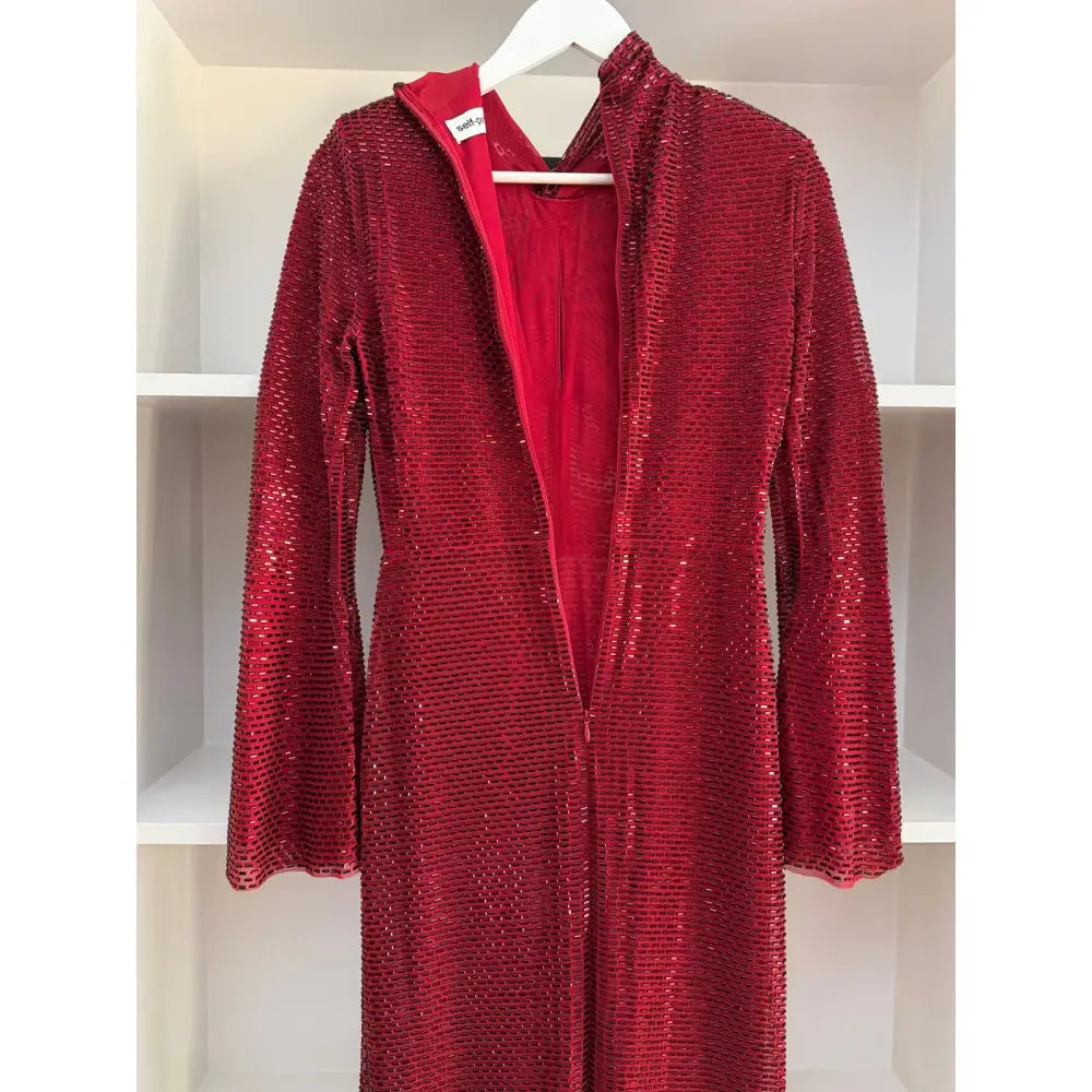 Self-Portrait Red Rhinestone Mesh Twist Midi Dress