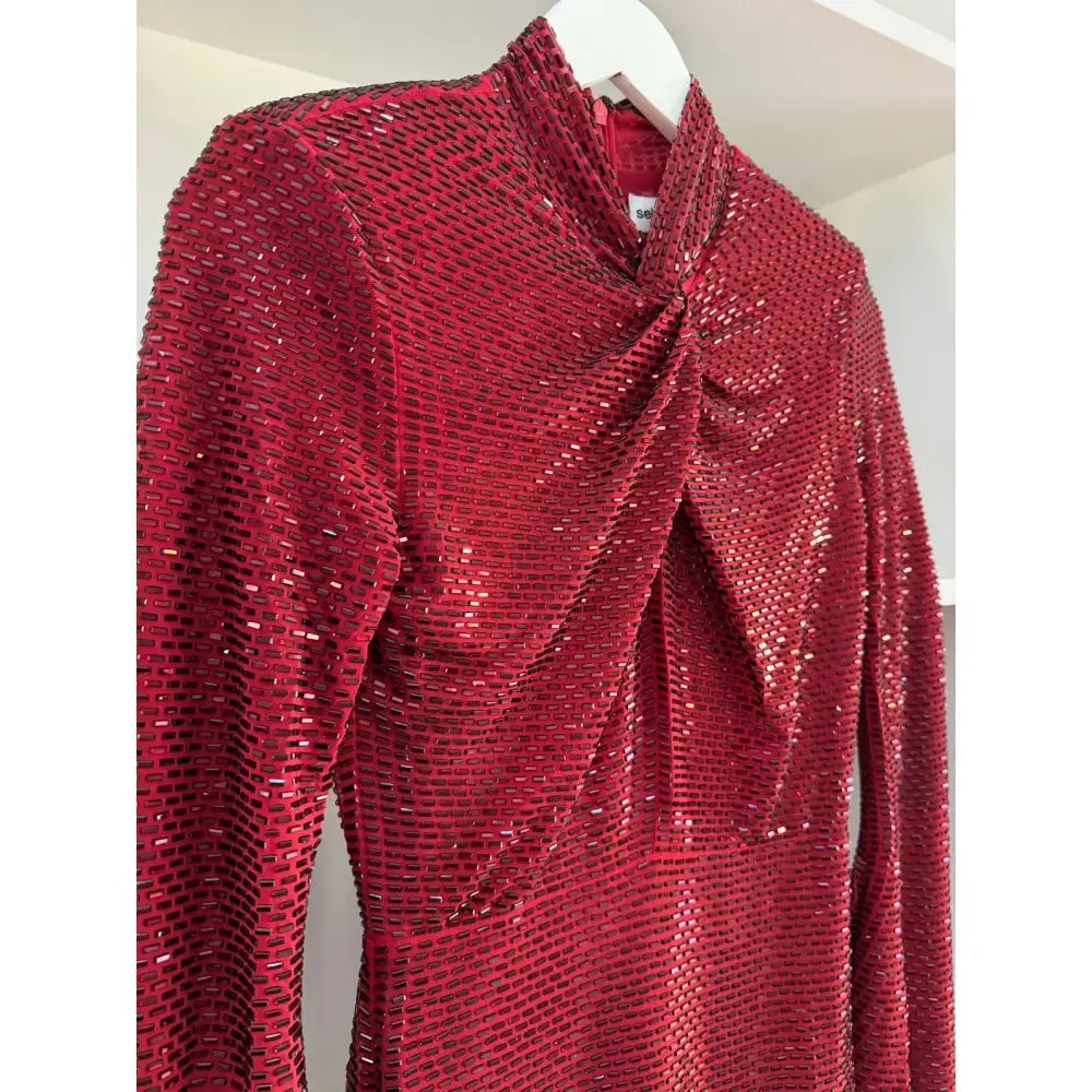 Self-Portrait Red Rhinestone Mesh Twist Midi Dress