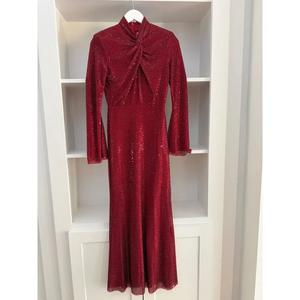 Self-Portrait Red Rhinestone Mesh Twist Midi Dress